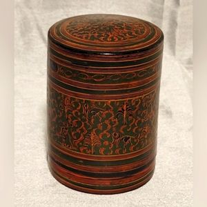 Vintage Burmese Hand Painted Red Lacquer Betel Cylindrical Box